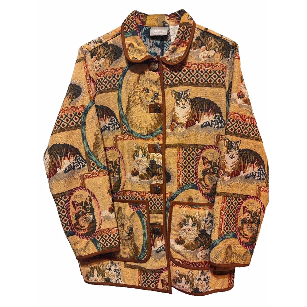 VTG Grannycore Blair Cat Tapestry Jacket Button Front Pockets Mid-Length Size L